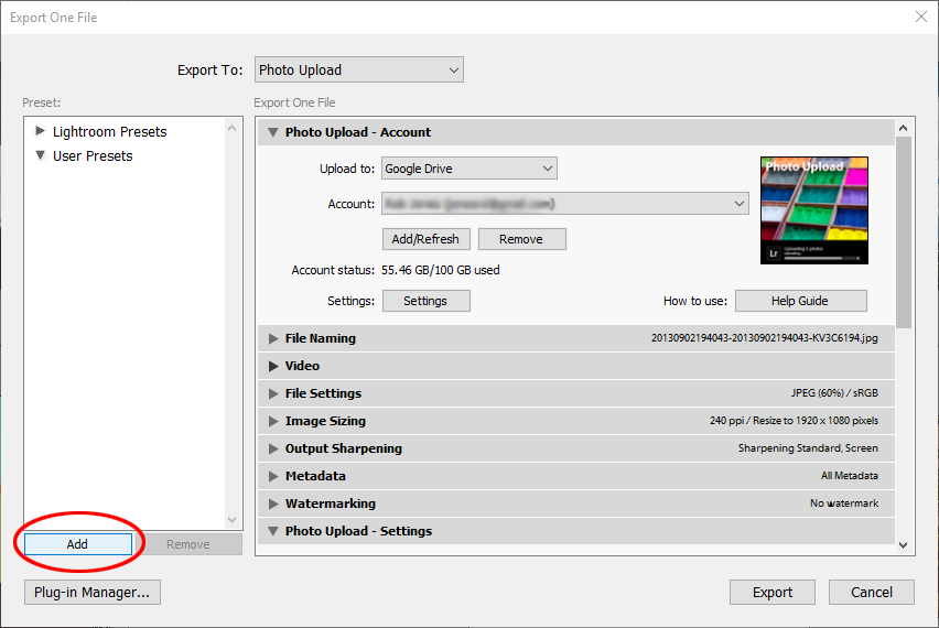 Export user presets - window add button